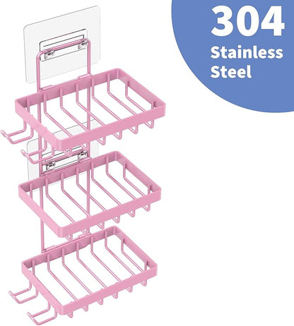 Moforoco 3 Tier Pink Soap Dish Holder for Shower Wall, No Drilling, 304 Stainless Steel, Soap Bar with 4 Hooks and Razor Holder for Shower, Shampoo Bar Holder for Girly Bathroom Accessory Decor
