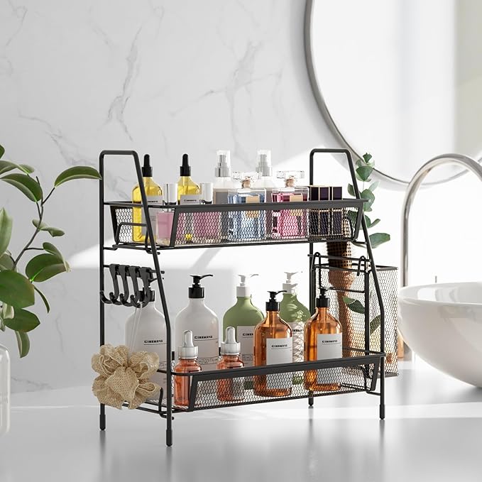VITVITI 2-Tier Bathroom Organizer Countertop, Metal Wire Mesh Bathroom Counter Organizer Storage with Basket Hooks, Vanity Tray Shelf, Kitchen Spice Rack, Small Black