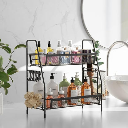 VITVITI 2-Tier Bathroom Organizer Countertop, Metal Wire Mesh Bathroom Counter Organizer Storage with Basket Hooks, Vanity Tray Shelf, Kitchen Spice Rack, Small Black