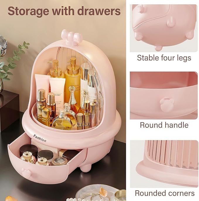 360° Rotating Cosmetic Storage Box,Cute Fashion Makeup Organizer with Drawer,Dustproof Skincare Display Case for Vanity Countertop Bathroom,Ideal Gift for Women（pink）