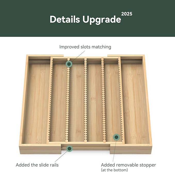 Larger Expandable Bamboo Organizer Holder for Counter Drawer Insert - Compatible with Nespresso Vertuo Capsules - Tea Bags Storage (Natural) 10.8" -19"W x15.67"Dx1.9"H