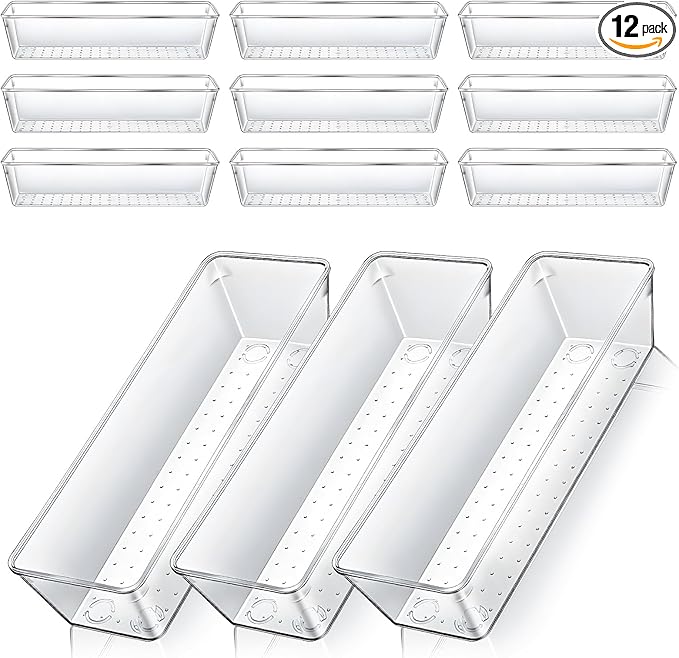 Dimeho 12 PCS Drawer Organizers Clear Plastic Vanity Drawer Dividers Kitchen Silverware Utensil Storage Desk Storage Tray for Bathroom Bedroom Office Makeup Jewelry 9 x 3 x 2 Inches