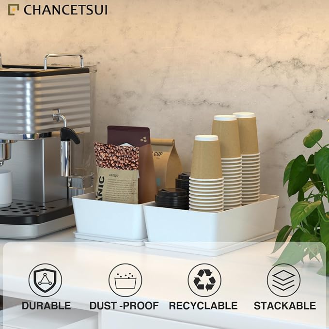 CHANCETSUI Pantry Storage Containers for Snacks: 2 Pack Coffee White Plastic Organizer Bins, 7x10 Inch Stackable Kitchen Cabinet Organizers