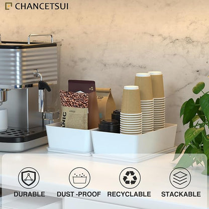 CHANCETSUI Pantry Storage Containers for Snacks: 2 Pack Coffee White Plastic Organizer Bins, 7x10 Inch Stackable Kitchen Cabinet Organizers