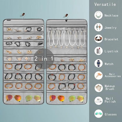 Hanging Jewelry Organizer for Holding Earrings Bracelets Rings Dual-Sided Necklace Holder with 52 Zippered Pockets and 7 Dustproof Hook Loops (GREY)