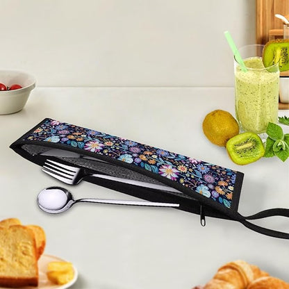 COEQINE Blue Retro Flower Large Utensil Holder Storage Case for Fork Spoon Knife Organizer Outdoor,Retro Lotus Floral Portable Travel Accessories Silverware Case for Lunch Box