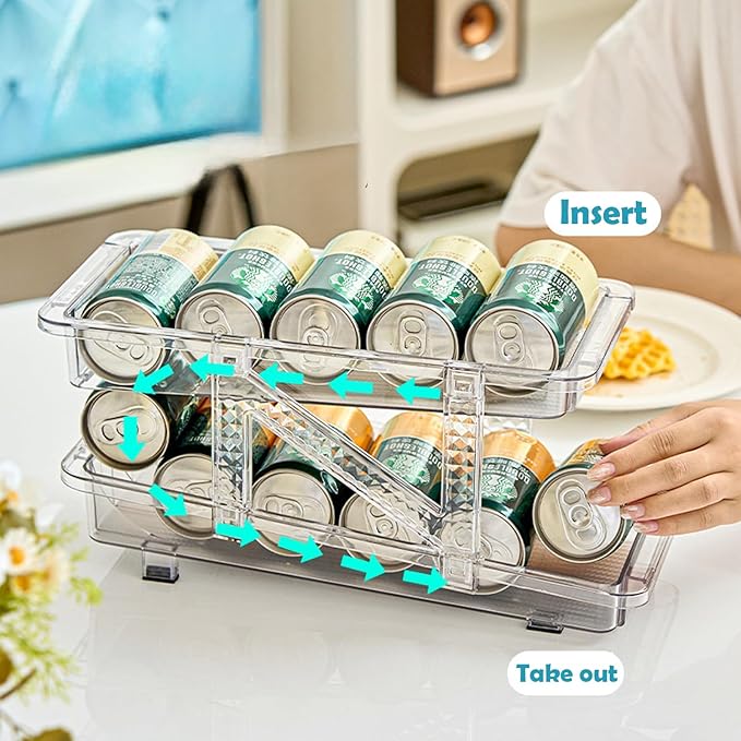 Soda Can Dispenser for Refrigerator, Adjustable Width Soda Can Organizer, 2-Layer Beverage Pop Can Holder, Drink Storage Organizer for Fridge, Pantry, Cabinet, Countertop (Clear-1 Pack)