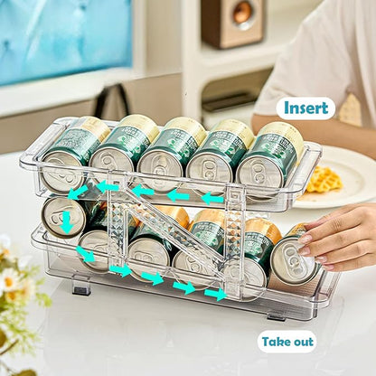 Soda Can Dispenser for Refrigerator, Adjustable Width Soda Can Organizer, 2-Layer Beverage Pop Can Holder, Drink Storage Organizer for Fridge, Pantry, Cabinet, Countertop (Transparent Blue-1 Pack)