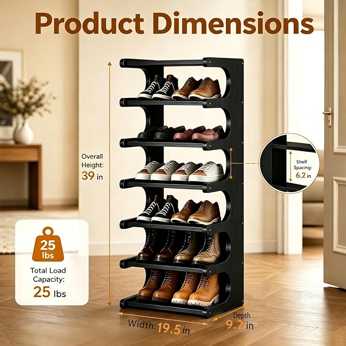 39" Bamboo Shoe Rack - Vertical Shoe Organizer Rack for Small Space, Narrow Shoe Tower for Closet, Entryway, Corner, Tall Shoe Shelf with Removable Shelves, Flexible Storage Shelf for Saving Space