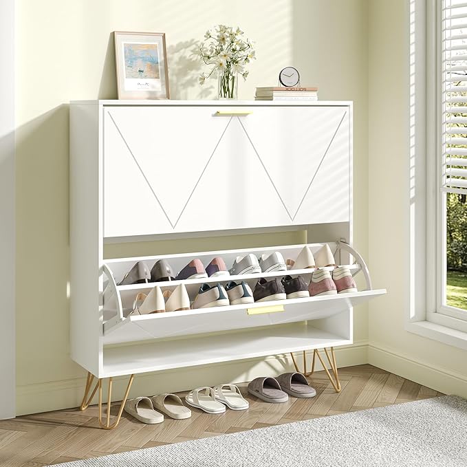 JOZZBY White Shoe Cabinet for Entryway, Narrow Shoe Storage Cabinet with 2 Flip Drawers, Hidden Shoe Rack for Hallway, Living Room