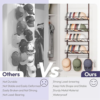 SWTYMIKI Over Door Hat Organizer - 5 Tier Wall Mounted Hat Rack with 4 Adjustable Metal Basket and 3 Hooks, Hanging Baseball Cap Organizer Storage Holds up to 49 Caps for Door, Bedroom, Closet