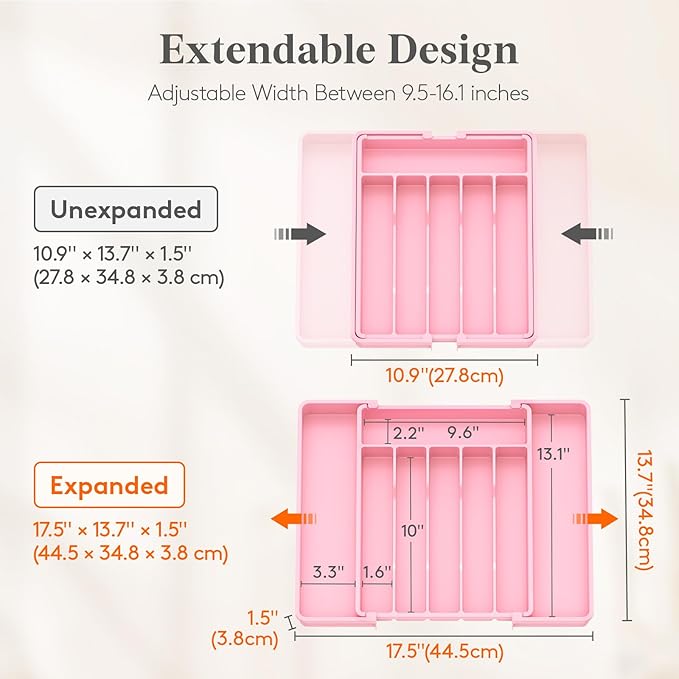 Lifewit Silverware Drawer Organizer, Expandable Utensil Tray for Kitchen, BPA Free Flatware and Cutlery Holder, Adjustable Plastic Storage for Spoons Forks Knives, 10.9"-17.5" x 13.7", Pink