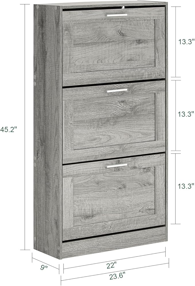 Haotian Shoe Storage Cabinet Entryway, Freestanding Shoe Cabinet with 3 Flip-Drawers Fully Enclosed Tall Shoe Rack Shoe Organizer, Grey, FSR137-L-HG