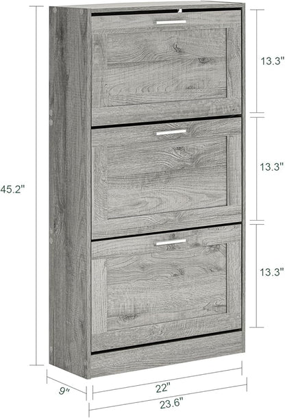 Haotian Shoe Storage Cabinet Entryway, Freestanding Shoe Cabinet with 3 Flip-Drawers Fully Enclosed Tall Shoe Rack Shoe Organizer, Grey, FSR137-L-HG