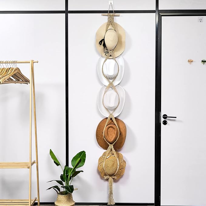 Yulejo Macrame Hat Hangers Racks Boho Cowboy Hats Holders Western Display Organizer Storage decor Back of Door for Wall(Beige,Five Hats Style)