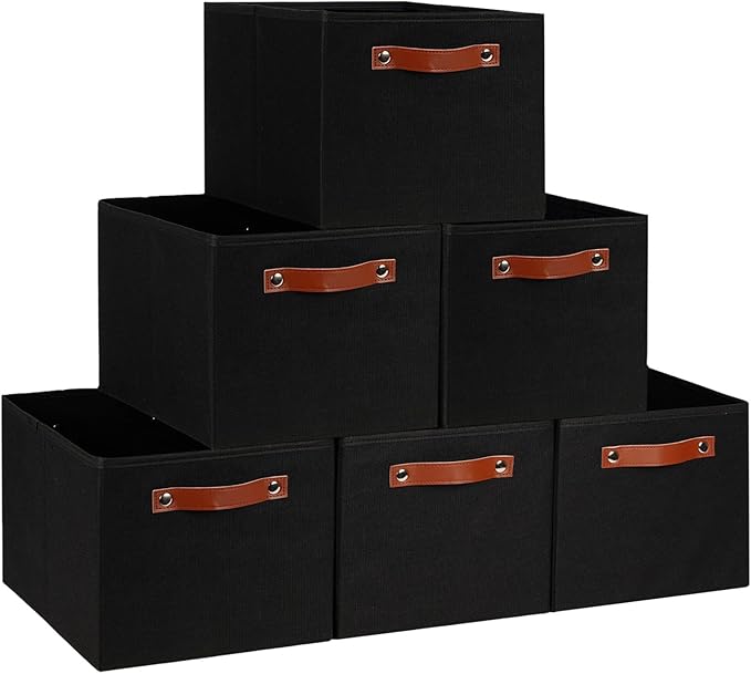Fabric Storage Bins (15x11x9.5”) – Reinforced 2.5mm Cardboard Shelf Bins with PU Leather Handles – [6-Pack] Durable Storage Baskets for Closet Organization, Toy Organizer, & Home Office – Black