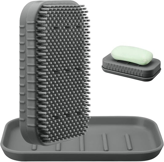 2-in-1 Silicone Soap Holder & Brush Set with Built-in Soap Saver Compartment, Includes a Leak-Proof soap Tray+Brush, Unbreakable&Noise-Free, Soap Dish with Soft Brush, Brush with Soap Dish(Dark Grey)