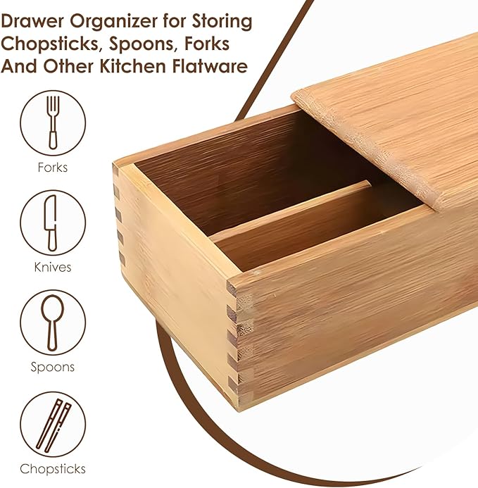 Chopsticks Storage Box with Lid - Bamboo Silverware Storage Utensil Drawer Organizer - Japanese Chopsticks Boxes with Lid - Cutlery Box Utensil Holder Container for Home Kitchen