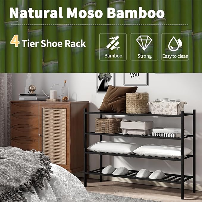 Long Shoe Rack, 4-Tier Bamboo Stackable Shoe Shelf Storage Organizer, Shoe Stand for Closet, Entryway and Hallway(Black)