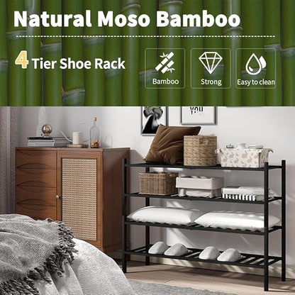Long Shoe Rack, 4-Tier Bamboo Stackable Shoe Shelf Storage Organizer, Shoe Stand for Closet, Entryway and Hallway(Black)