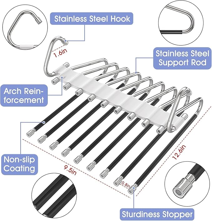 Upgrade 9 Layers Pants Hangers Space Saving, 4 Pack Multifunctional Pants Rack Non Slip Stainless Steel Clothes Space Saver Hangers Closet Organizers Storage for Pants Jeans Legging Skirt, Silky White