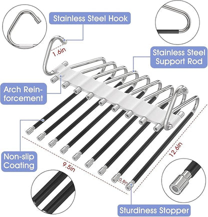 Upgrade 9 Layers Pants Hangers Space Saving, 4 Pack Multifunctional Pants Rack Non Slip Stainless Steel Clothes Space Saver Hangers Closet Organizers Storage for Pants Jeans Legging Skirt, Silky White