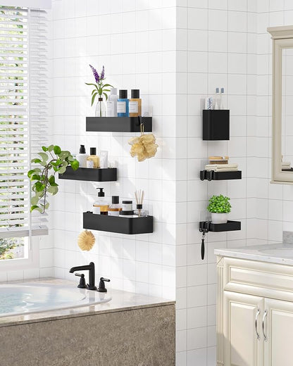 Kitsure Shower Caddy Adhesive - 6-Pack, No-Drilling Shower Shelves with Soap Holder, Toothbrush Holde, 6 Hooks, Rustproof & Stylish Bathroom Organizers and Storage Solution, Black, Large