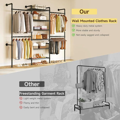 ONBRILL H3 Expandable Wall Mounted Closet System, 5.4FT-8.1FT Closet Organizer with 4 Telescopic Rods & 6 Wire Shelves, Industrial Pipe Clothing Rack for Walk-in & Reach-in Closet (Black)
