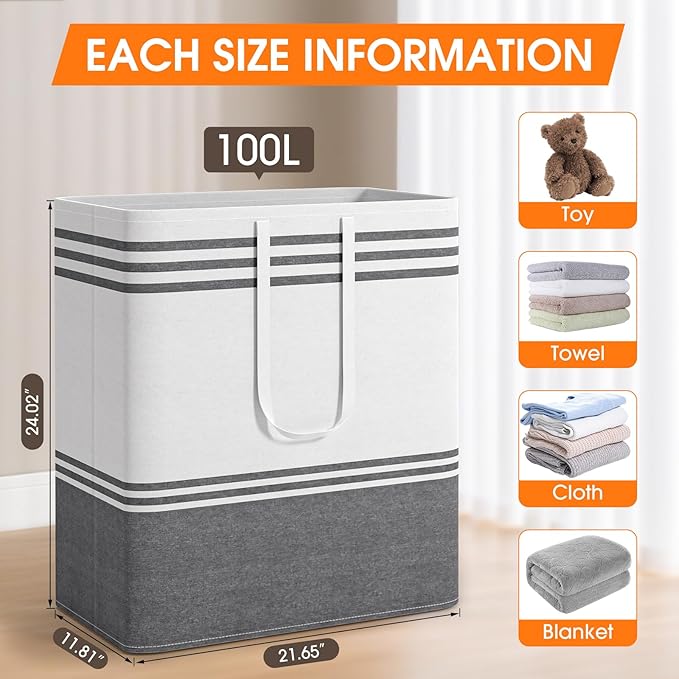 3 Pack Large Laundry Baskets, Laundry Hampers, Freestanding Waterproof Collapsible Clothes Bag with Extended & Reinforced Handles - Clothes Basket for Dorm, Bathroom, Home (100L)
