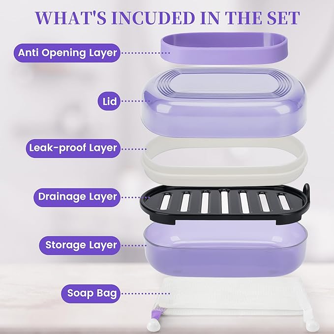 Leakproof Travel Soap Case with Lid | Draining Soap Bar Holder & Dish with Silicone Strap | Includes Mesh Soap Bag | for Shower, Bathroom, Camping, Gym (Grape Purple)