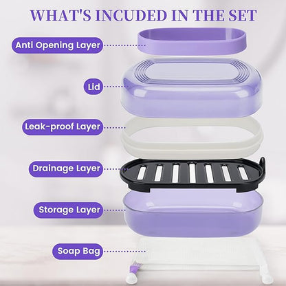 Leakproof Travel Soap Case with Lid | Draining Soap Bar Holder & Dish with Silicone Strap | Includes Mesh Soap Bag | for Shower, Bathroom, Camping, Gym (Grape Purple)