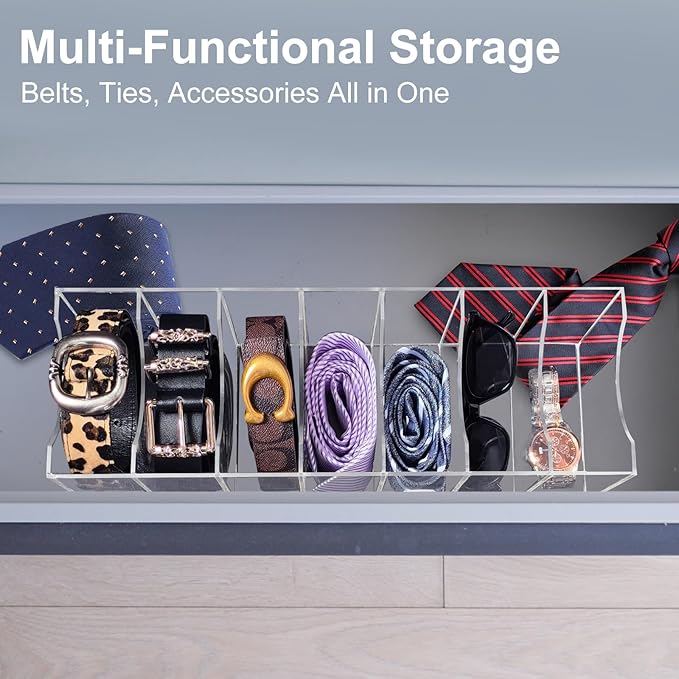 Belt Organizer Storage for Closet, Acrylic Belt Holder Box with 7 Compartments for Drawer, Clear Tie Display Case for Men Women, Home Organization
