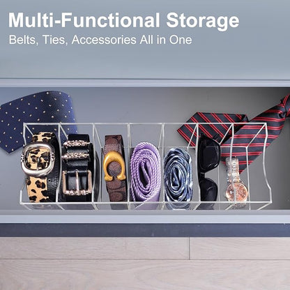 Belt Organizer Storage for Closet, Acrylic Belt Holder Box with 7 Compartments for Drawer, Clear Tie Display Case for Men Women, Home Organization
