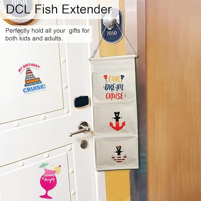 DCL Cruise Fish Extender Gifts Organizer - Hanging 3-Pockets for DCL Cabin Doors -Cruise essential Fish Extender Hanger Perfect for 2025 & 2026 (White)