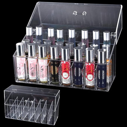 Acrylic Lipgloss Lip Gloss Holder & Rollerball Perfume Organizer for Compact Essential Oil Rollerball Perfume Holder, Makeup Brush, 18 Slots Tubular Storage Display Cabinet With Cover