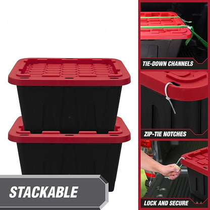 2-Pack 27 Gallon Heavy Duty Storage Bin with Lid, Stackable Large Plastic Tote Container for Home Garage & Outdoor - 30.6" W x 20.6" D x 14.3" H, Black and Red