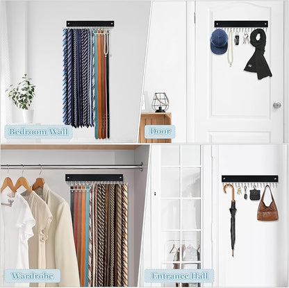 Tie Rack Belt Hanger Wall Mounted, Lomrsiul Non Slip 180 Degree Rotating Tie Organizer for Men Closet with 18 Hooks Closet Organizers and Storage for Tie Belt Necklace Purse Scarf Bag Black 1 Pack
