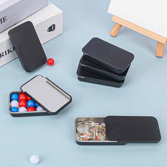70 Pack Black Slide Top Metal Tin Containers, Mini Metal Tin Box with Slide Lid, Empty Lip Balm Containers for DIY Projects, Pills, Candies, Jewelry (2.36 x 1.34 x 0.43 Inch)