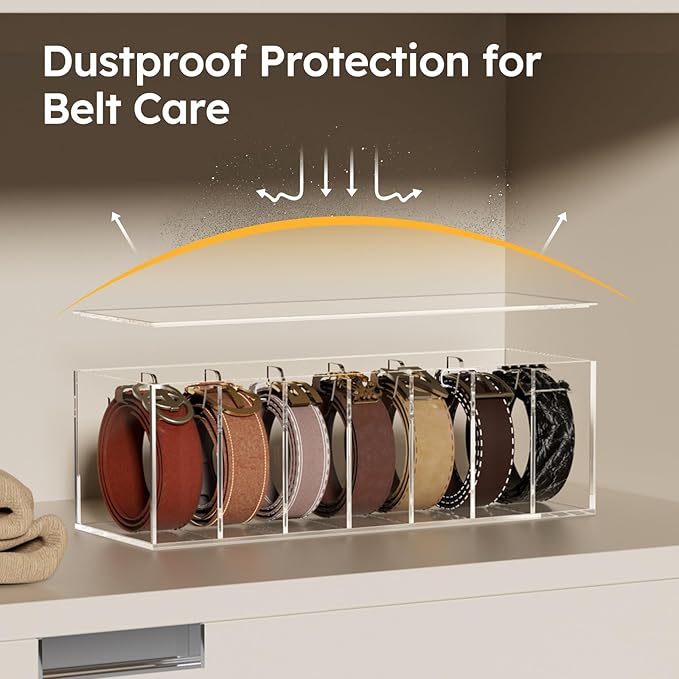 FEMELI Belt Organizer, Acrylic Belt Storage for Closet with Dust Cover, 7 Compartments Belt Container Display Holder for Drawer, Clear Belt Tie Case for Women Men Home
