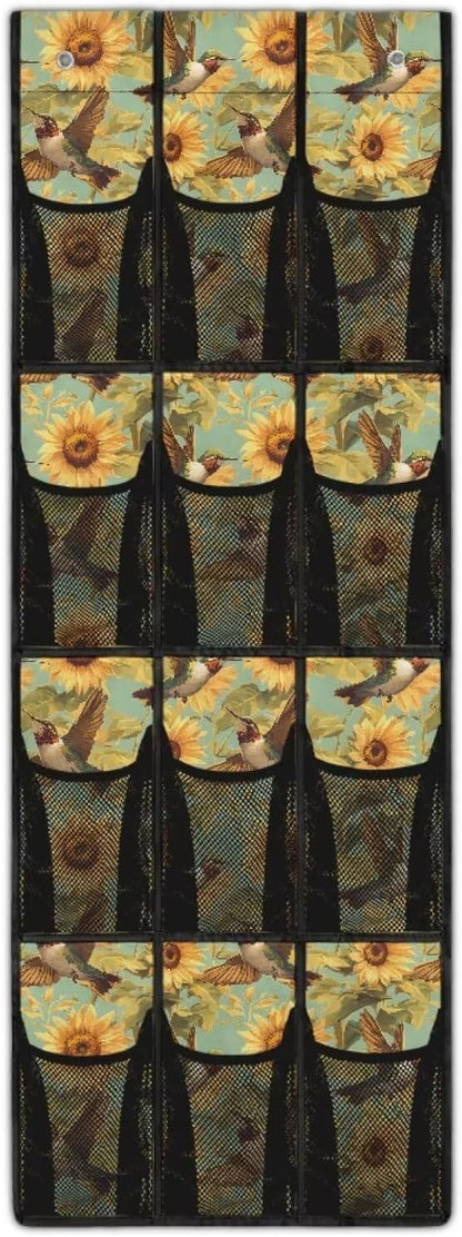 Hummingbird Sunflower Over the Door Shoe Organizer 12 Large Pockets Hanging Shoe Rack for Closet Sturdy Oxford Fabric Door Shoe Organizer