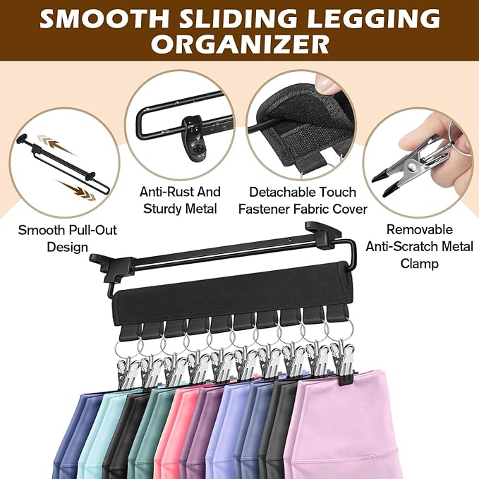 Legging Organizer for Closet, Smooth Sliding Yoga Pant Hanger with Clips, Legging Hangers for Closet Organizer
