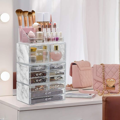 Sorbus Large Makeup Organizer - Clear Stackable Jewelry & Makeup Organizer For Vanity, Bathroom Storage, Dresser - 12 Drawers Cosmetic Beauty Organizers and Storage with Lipstick, Makeup Brush Holder