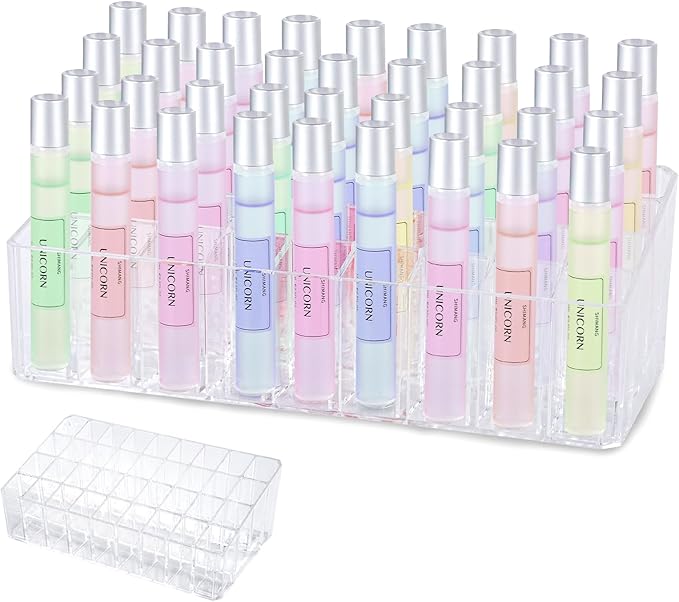 Rollerball Perfume Organizer, Beauty Scent Holder, 36 Space Clear Acrylic Perfume Organizer Refillable Container Tall Scented Oil Storage Display Case, Makeup Lipgloss Lipstick Display Case