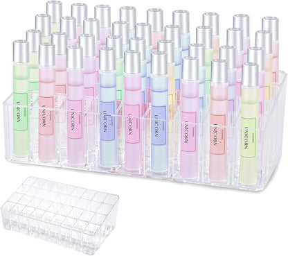 Rollerball Perfume Organizer, Beauty Scent Holder, 36 Space Clear Acrylic Perfume Organizer Refillable Container Tall Scented Oil Storage Display Case, Makeup Lipgloss Lipstick Display Case