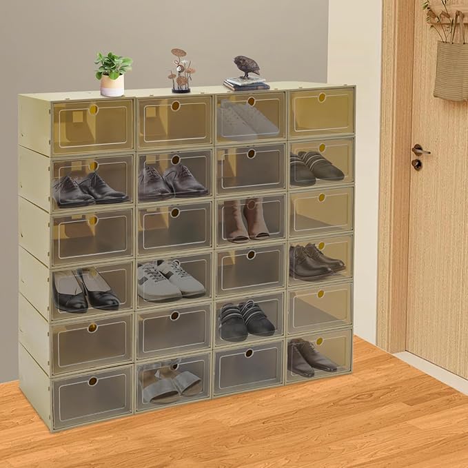 24 Pack Stackable Shoe Boxes with Clear Lids - Foldable Shoe Storage Organizer for Closet Cabinet, Color Options for Sneakers Flats Home Organization (Avocado Green)
