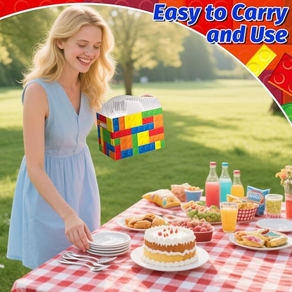 2PCS Building Block Utensil Holder Paper Utensil Caddy for Building Block Party Supplies Disposable Cutlery Holder with Handles Cutlery Caddy for Boys Birthday Party Decorations Colorful Snack Box
