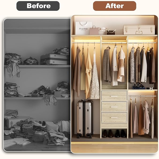 Besiost 4FT Small Closet System with 3 Fabric Drawers, 48'' Closet Organizer System With 3 Adjustable Shelves, Flexible Built-In Clothes Garment Rack for Small Space, 48" L x 13" W x 71" H, Light Oak