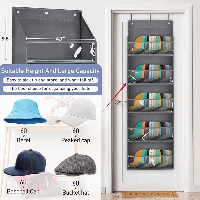 Hat Organizer for Baseball Caps - Hat Rack for Door - Hat Storage for Baseball Caps，Hat Holder on Wall, Clear Deep Pockets， 5 Tiers, Holds at Least 60 Hats, with 3 Hooks (Grey)