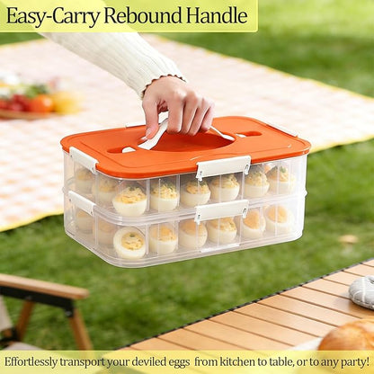 VitalYang Deviled Egg Container with Lid, Double Layer Egg Container, 36 Count Deviled Egg Tray- Secure Lock & Handle, Stackable, Leak-Proof Design for Parties & Catering, Orange
