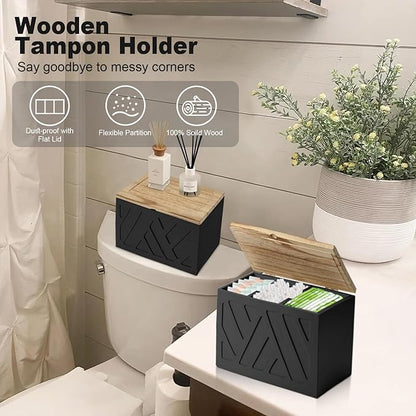2Pcs Tampon Holder for Bathroom Decor, Feminine Product Organizer, Shark Week Tampon Storage with Lid, Wood Pad Box for Toilet, Lady Girl Stuff Organizer Case Bathroom Accessories- Black
